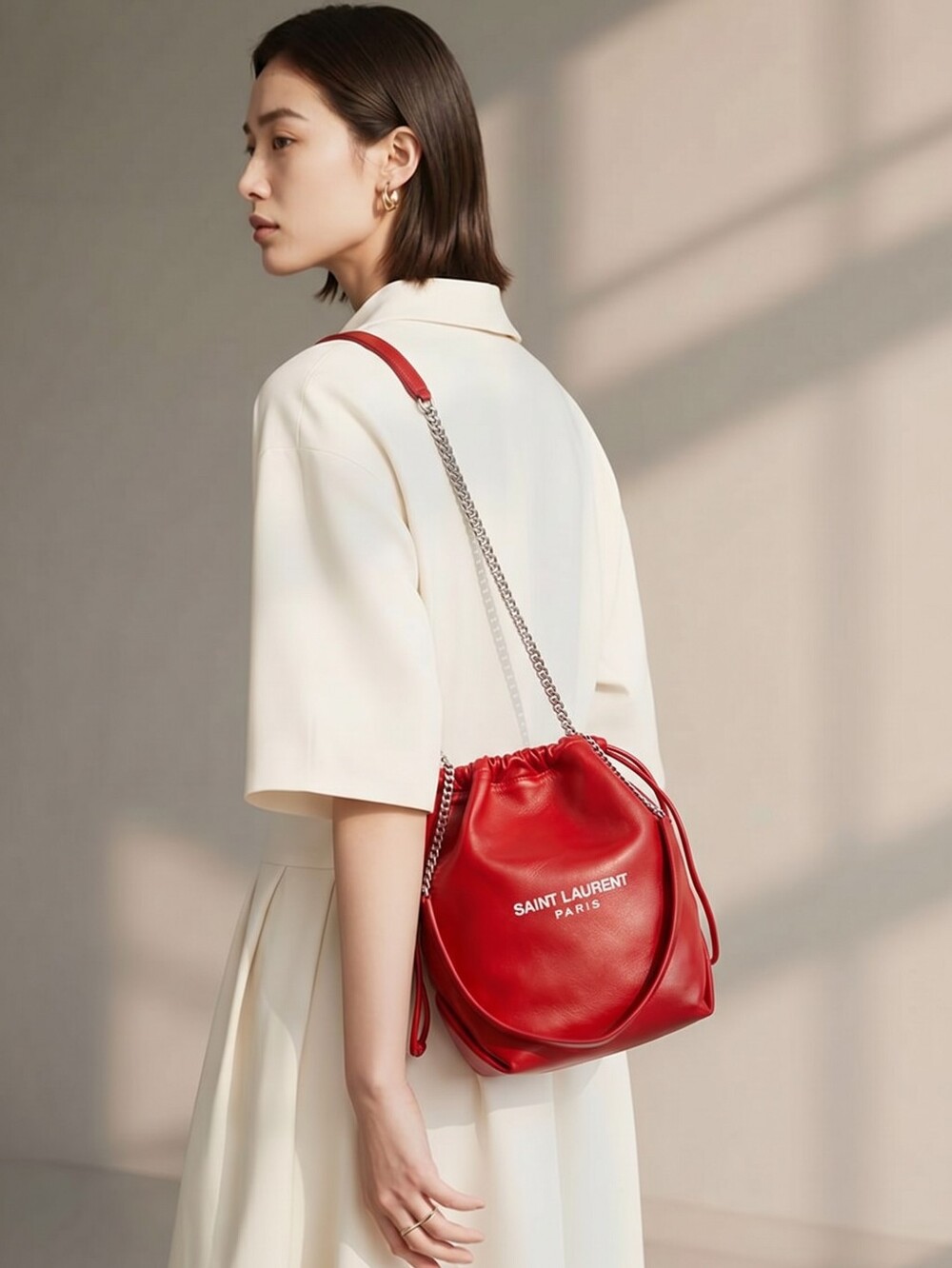 Authentic YSL Red Leather Drawstring Bag, YSL bag Pochon Teddy Bucket Bag